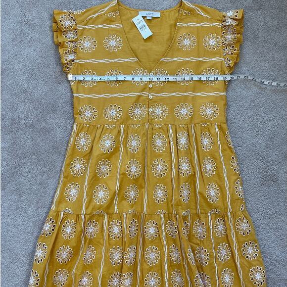 Loft Eyelet Embroidered Tiered Cotton Knee Length Dress Size S Yellow Boho NWT - Picture 5 of 6